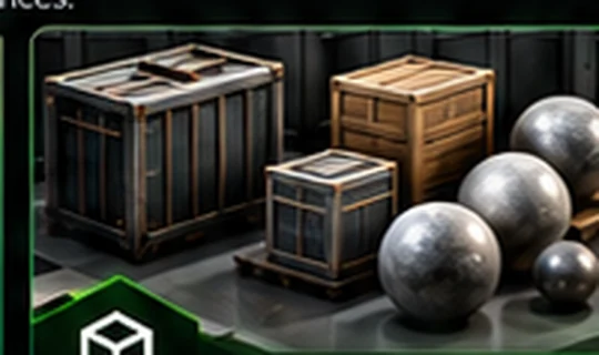Concept artwork showing crates and material samples for an asset pipeline