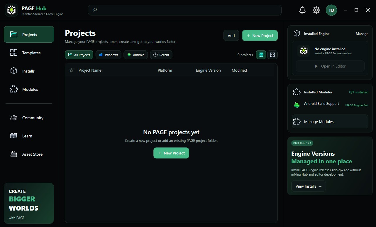 Actual screenshot of PAGE Hub version 0.2.0: engine versions 0.10.1 and 0.10.0 in the Installs section, and available modules