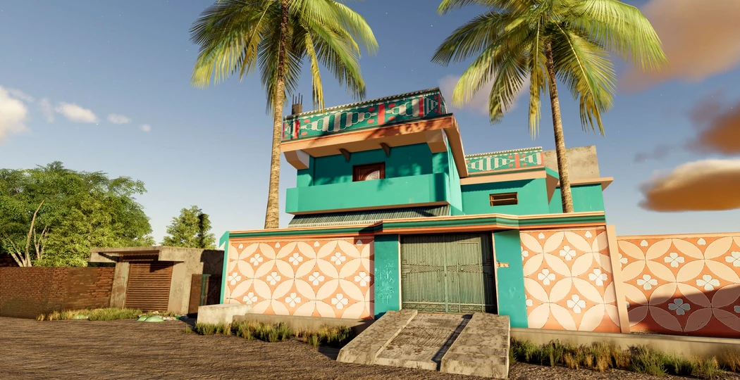 Turquoise village home with palm trees and patterned walls
