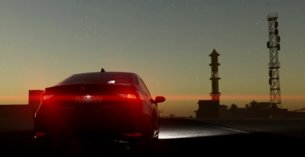 Cinematic rear view of a car driving at sunset